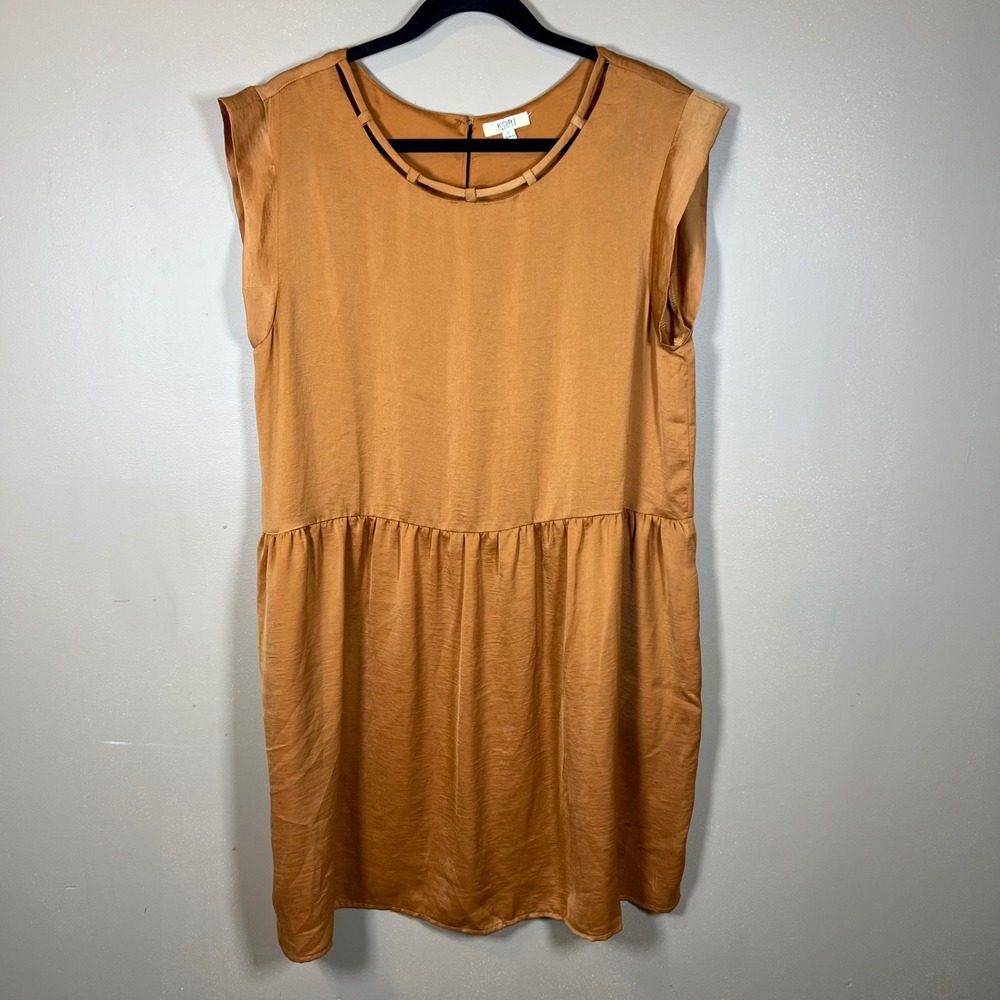 Kori America Womens Rust Copper Hammered Satin Babydoll Pocket Dress Large G5194